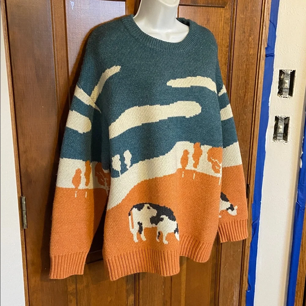 Aelfric Eden “Cow In Pasture” Prairie knit Sweater UNISEX Whimsical Size X Large - Picture 3 of 8